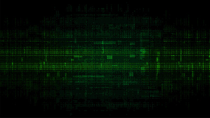 Abstract digital background with a green glitch pixel texture. black backdrop. binary code. data transfer concept. vector illustration. and technology concept. tech or cyber design.