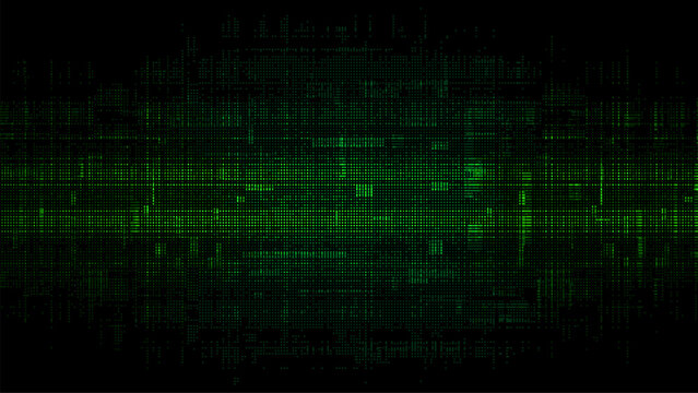 Abstract digital background with a green glitch pixel texture. black backdrop. binary code. data transfer concept. vector illustration. and technology concept. tech or cyber design.