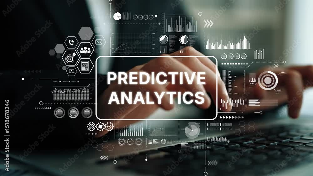 Poster hands typing on laptop with predictive analytics data visualization and graphs in a modern business 