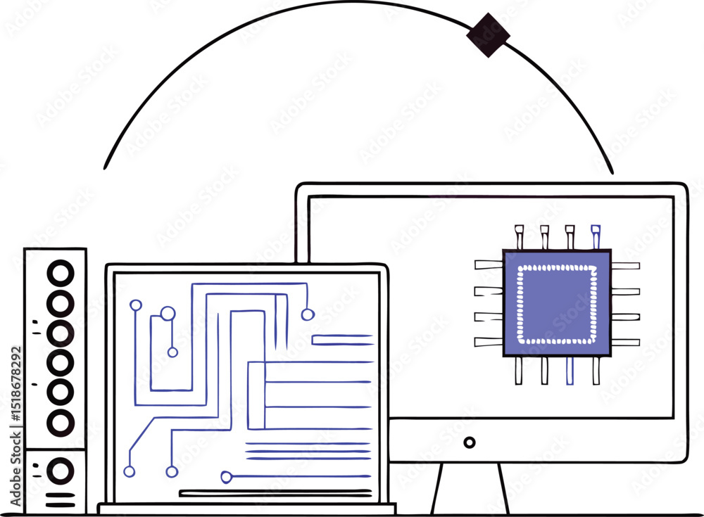 Fototapete Abstract computer circuit boards illustration with microchip in digital technology concept