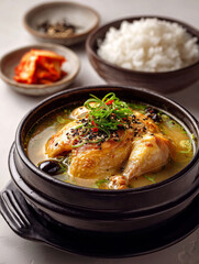 Fototapeta premium Delicious steaming hot Korean ginseng chicken soup served with rice