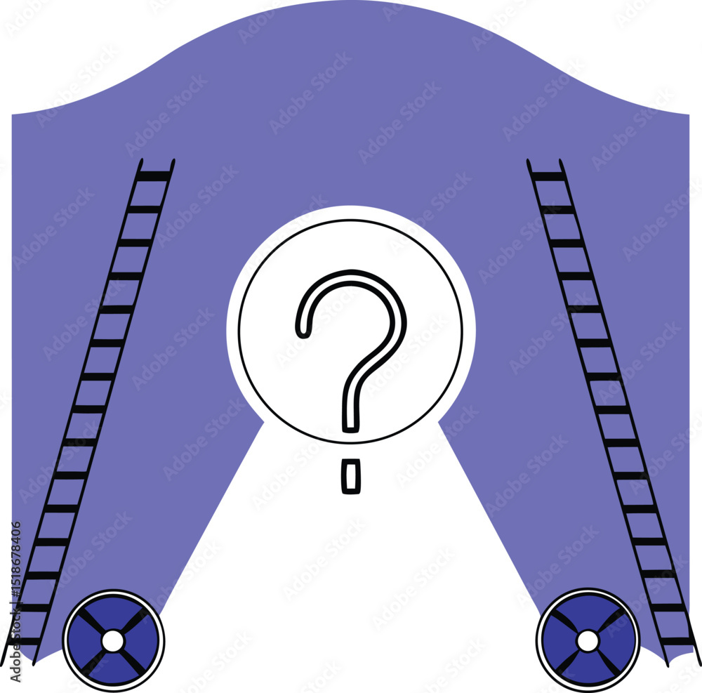 Poster abstract design featuring a circle with two ladders and wheels on a blue backdrop
