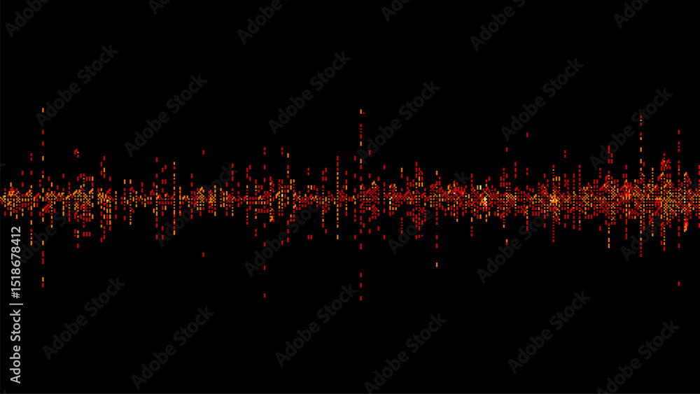 Poster a horizontal sound wave. dots on a black background. audio visualization. red glowing dots. pixel ar