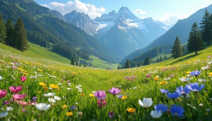 Obraz premium Majestic mountain meadow with wildflowers. Stunning panoramic view of landscape. Green meadow, colorful flowers, towering mountain range under blue sky. Nature background.