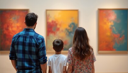 Family admires art on display in museum. Parents with son appreciate modern painting in exhibition hall. Cultural heritage appreciation, family leisure activities, education through art.