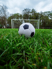 Classic style soccer or football on neatly cut green grass with small training goal posts in the background. Play area in a park. Sport and entertainment concept.
