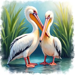 Watercolor painting of two white pelicans. Water reflection, green reeds background. Bird portrait, wildlife scene. Beaks touching, romantic relations, animal family in lake. Artistic illustration.