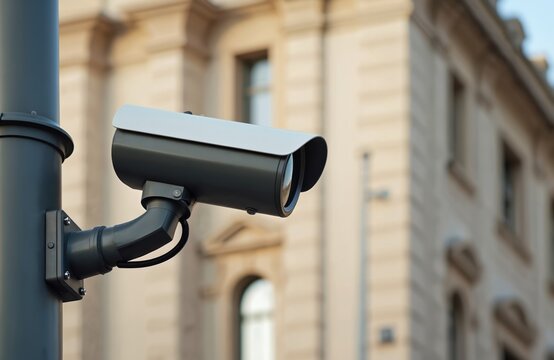 CCTV camera installed in city center. Surveillance system monitors public area. Security tech protects property. Urban landscape backdrop. Modern safety tech helps prevent crime. Security, safety,