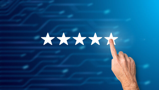 Hand pointing to five-star rating. connectivity and networking. expansion and interconnection. Customer review, positive feedback, high score, service satisfaction, user experience, product quality. - Powered by Adobe