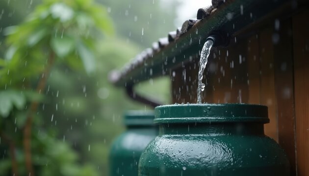 Rainwater harvesting system, close-up. Rain flows from gutter into green rain barrel. Water collection for garden irrigation. Sustainable resource management, eco-friendly solution for home.