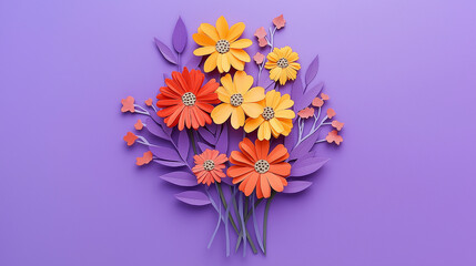 Obraz premium A beautifully arranged flower bouquet adorns a greeting card on a rich purple background, creating an elegant and festive aesthetic.