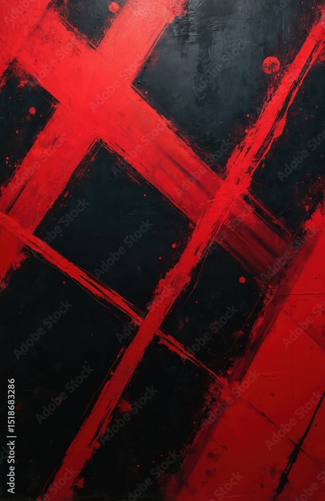 Poster abstract illustration with intersecting diagonal red lines on black backdrop. graphic modern art tex