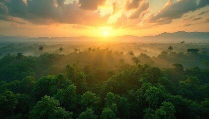 Stunning green Amazon rainforest landscape at sunrise. Golden sun shines, creating warm light in dense jungle. Lush tropical rainforest, mountain range, amazing sunrise colors, travel destinations.