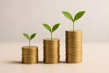 Symbol of investment and economic success with three ascending stacks of coins and green plant sprouts. Financial progress. Money. Investment. Budget. Business. Savings. Charity.