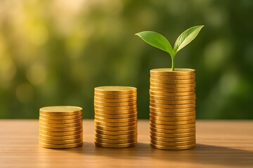 Symbol of investment and economic success with three ascending stacks of coins and green plant sprouts. Financial progress. Money. Investment. Budget. Business. Savings. Charity.