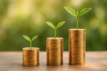 Symbol of investment and economic success with three ascending stacks of coins and green plant sprouts. Financial progress. Money. Investment. Budget. Business. Savings. Charity.