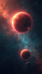Obraz premium Vertical space-themed background. Planets, glowing nebulae against a dark cosmos. Radiant planets in the universe, mobile, phone, design, digital, cosmic illustration.
