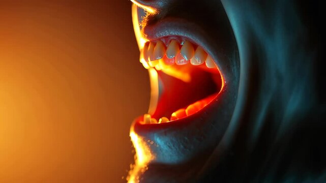 Primal Scream: Intense close-up captures a person's mouth agape in a powerful, guttural scream, revealing teeth and conveying raw emotion, rage, and intensity.