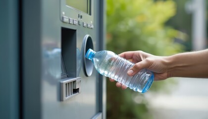 Person puts empty plastic water bottle reverse vending machine for recycling. Machine dispenses money reward for return. Concept eco-friendly tech for pollution reduction. Recycling, reuse of