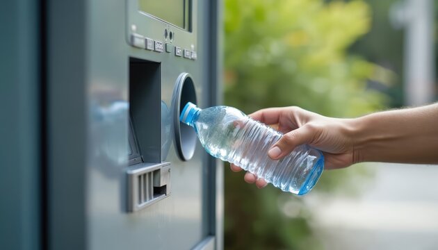 Person puts empty plastic water bottle reverse vending machine for recycling. Machine dispenses money reward for return. Concept eco-friendly tech for pollution reduction. Recycling, reuse of