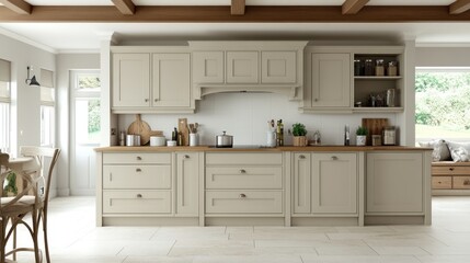 A light beige kitchen design with wooden beams and countertops.