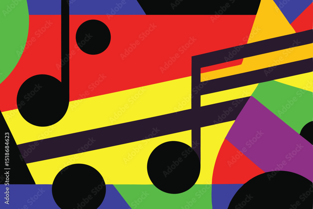 Poster abstract musical notes and geometric shapes in vibrant colors with transparency