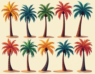 Obraz premium Hand drawn flat design of several colorful palm trees. Tropical beach vacation illustration for summer holiday. Minimalist artistic botanical foliage element for coastal leisure.
