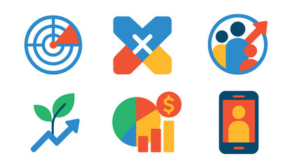 Flat vector icons of reach and distribution: reach radar icon, cross-platform symbol, traffic source pie chart, audience expansion badge, organic boost icon, paid reach graph, geo-targeting pin,
