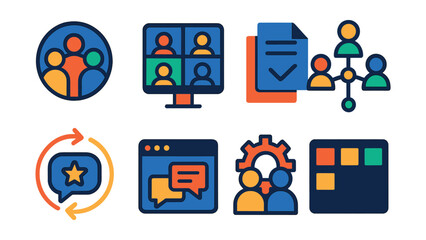 Flat vector icons of collaboration and team management: team avatar circle, virtual meeting screen, shared notes icon, team roles diagram, feedback loop symbol, team chat window, collaboration gear,
