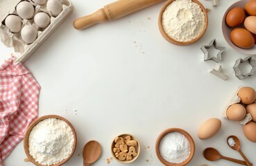 Overhead shot baking ingredients for homemade cookies. Flour, eggs, sugar, cookie cutters, rolling pin on white background. Homemade baking cooking, DIY, food concept. Culinary, bakery, recipe, food