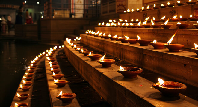 Illuminated Diyas during Diwali Festival