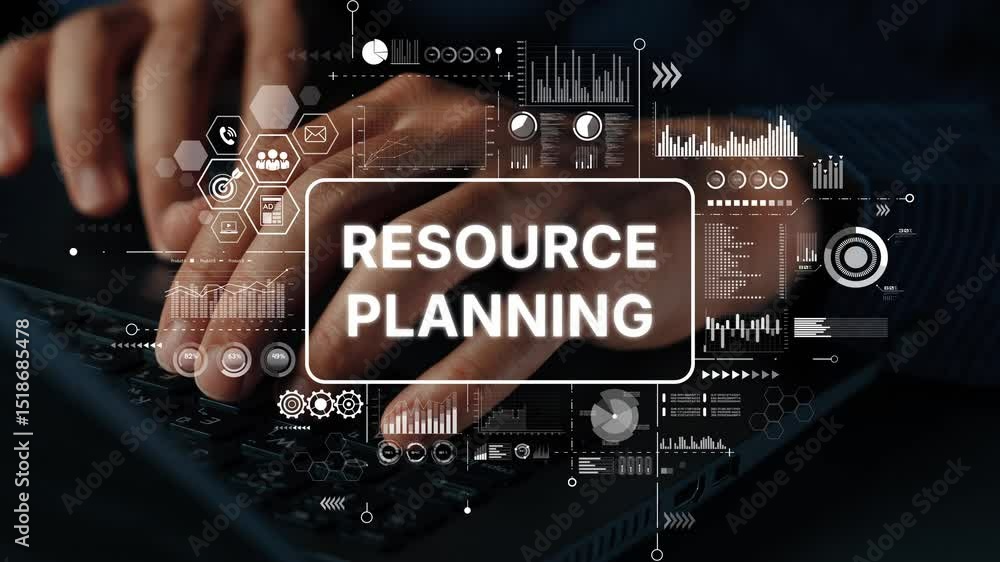 Poster business professional engaging in resource planning with data analytics visuals on digital keyboard 