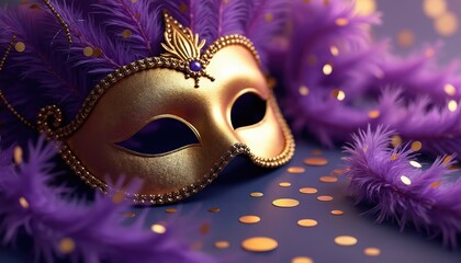 Elegant golden Venetian mask with purple feathers, gold confetti. Carnival festive decor on purple background. Perfect for masquerade party event celebration invitations. Joyful, vibrant design