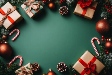 Festive Christmas flat lay composition featuring gifts, ornaments, and candy canes on a green background. Vintage style stock photo

