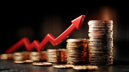 Digital art showing financial growth with rising coins and trends