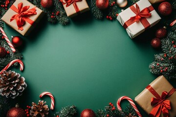 Festive Christmas flat lay composition featuring gifts, ornaments, and candy canes on a green background. Vintage style stock photo
