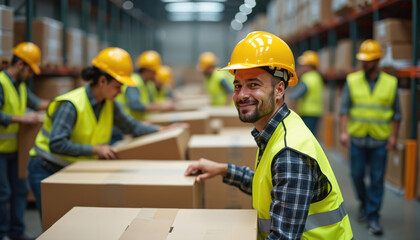 Team employees in uniform sorting package boxes in distribution center. Workers wearing yellow safety vests, helmets. Logistic professionals work at warehouse. Boxes on shelves in storage.