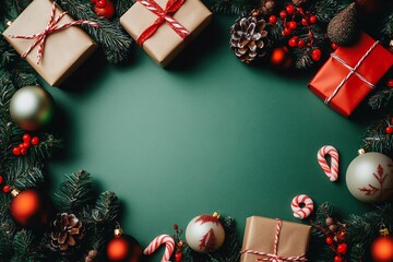 Festive Christmas flat lay composition featuring gifts, ornaments, and candy canes on a green background. Vintage style stock photo
