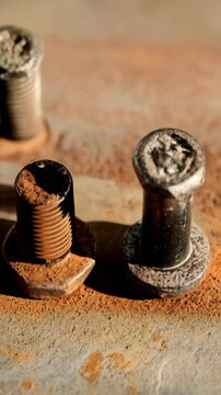 Three hexagonal head bolts with different levels of rust on a weathered metal surface in soft morning lighting.