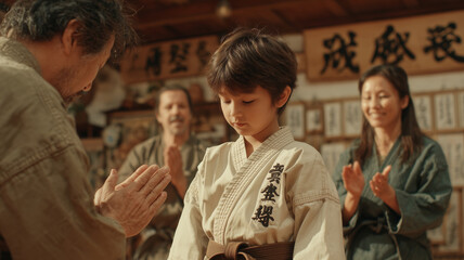 Obraz premium Young boy begins his karate journey with a heartfelt ceremony