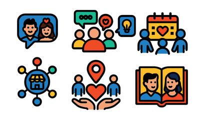 Flat vector icons of wedding community and support: couple forum icon, wedding group chat, peer advice icon, planning community, vendor network, support heart icon, local meetups, shared story.