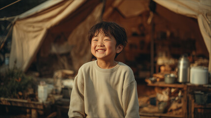 Fototapeta premium Smiling child enjoying time at a cozy campsite during golden hour