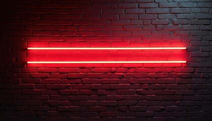 Red neon lights illuminate dark brick wall. Dramatic atmospheric scene with two horizontal glowing light tubes. Perfect for night club or bar promo. Urban design with grunge brick texture background.