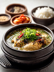 Delicious steaming hot Korean ginseng chicken soup served with rice