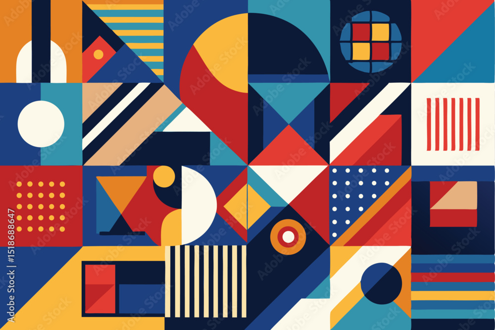 Poster colorful abstract geometric composition with shapes and blocks on transparent background