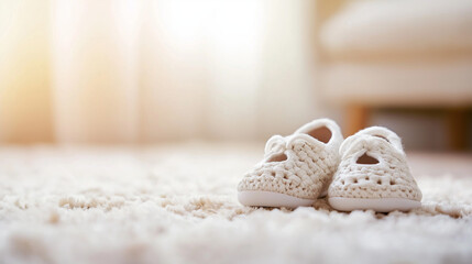 A pair of adorable white  baby shoes neatly placed on a bright blurred white  background, radiating warmth and charm.
