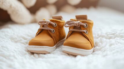 A pair of adorable baby shoes neatly placed on a bright blurred white background, radiating warmth and charm.
