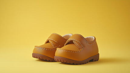 A pair of adorable havan baby shoes neatly placed on a bright yellow background, radiating warmth and charm.
