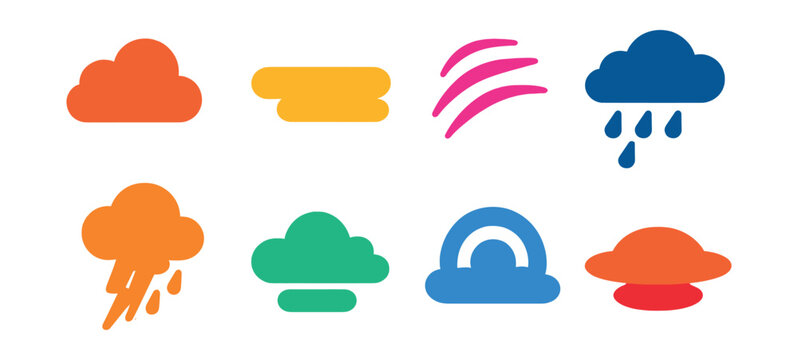 Flat vector icons of cloud types: cumulus, stratus, cirrus, nimbus, cumulonimbus, altostratus, cirrostratus, lenticular cloud.