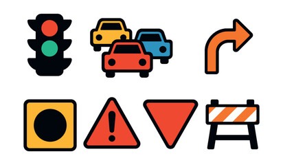 Fototapeta na wymiar Flat vector icons of traffic and movement status: red light stop, green light go, traffic jam icon, detour arrow, slow zone sign, congestion alert, yield triangle, construction barrier.